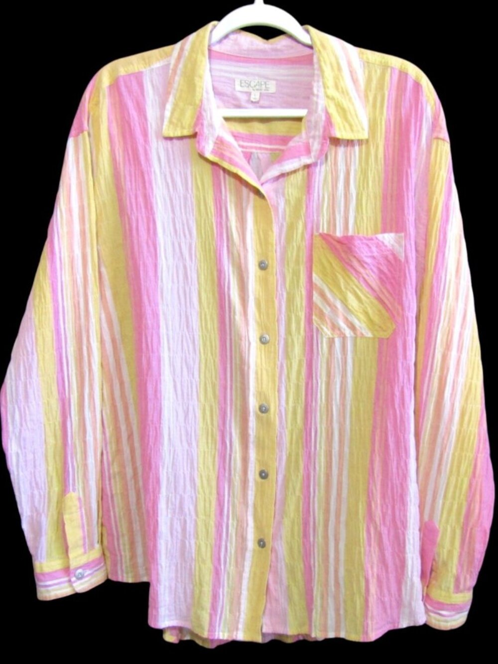 Escape by Habitat Womens L Pink Yellow Stripe Crinkle Cotton Button Shirt Top